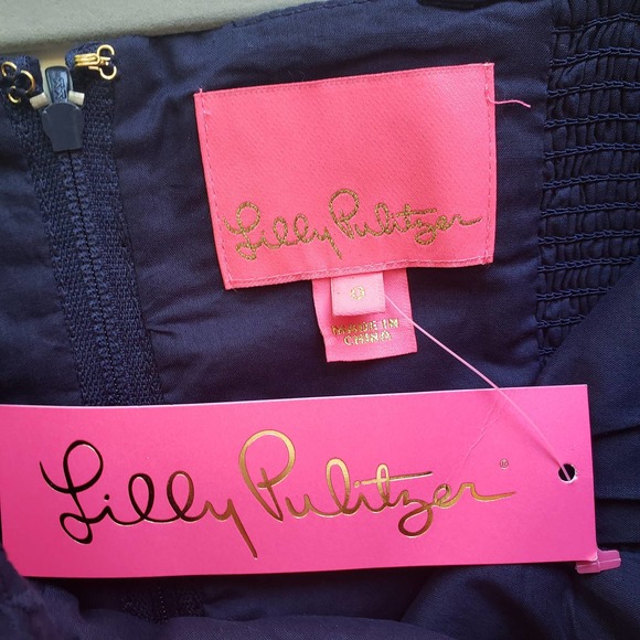 New Lilly Pulitzer 0 Cyndi Fishy Eyelet Lace Fit & Flare Dress Navy Blue Cotton - Picture 13 of 14